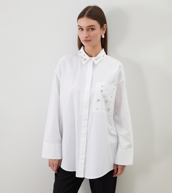 Rhinestone Embellished Oversized Tunic Shirt