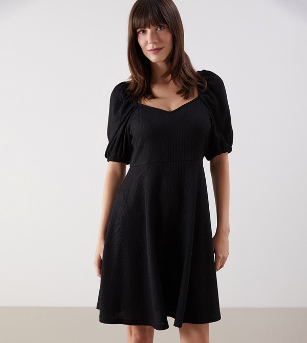 Textured Puff Sleeves Mini Dress