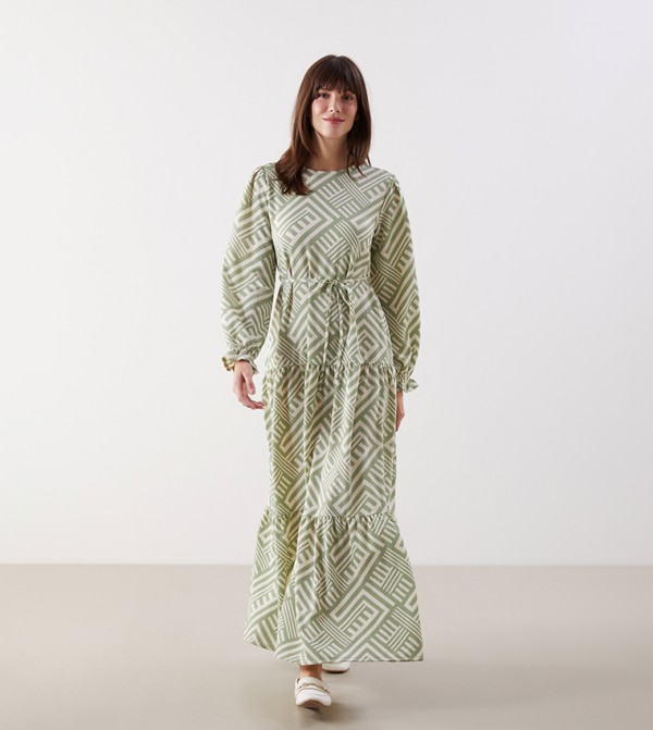 Patterned Long Sleeves Jersey Maxi Dress