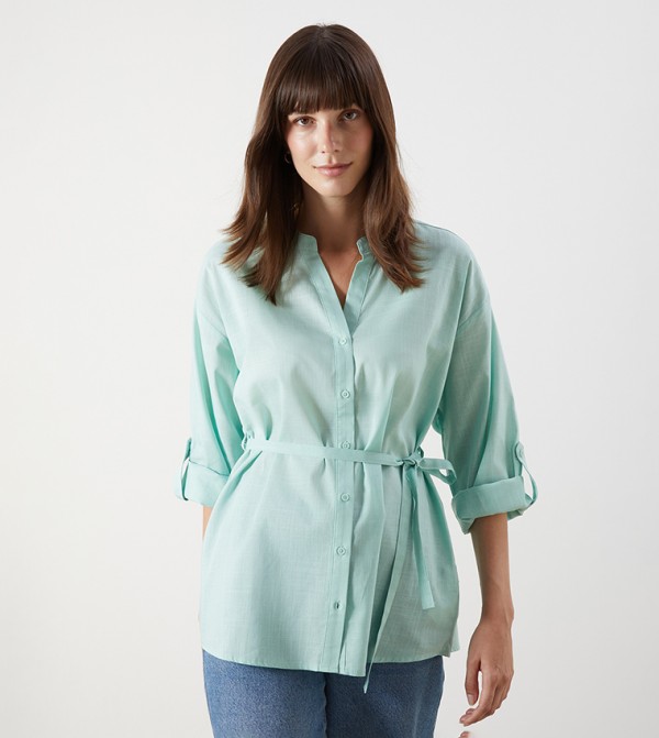 Solid Belted Long Sleeves Shirt