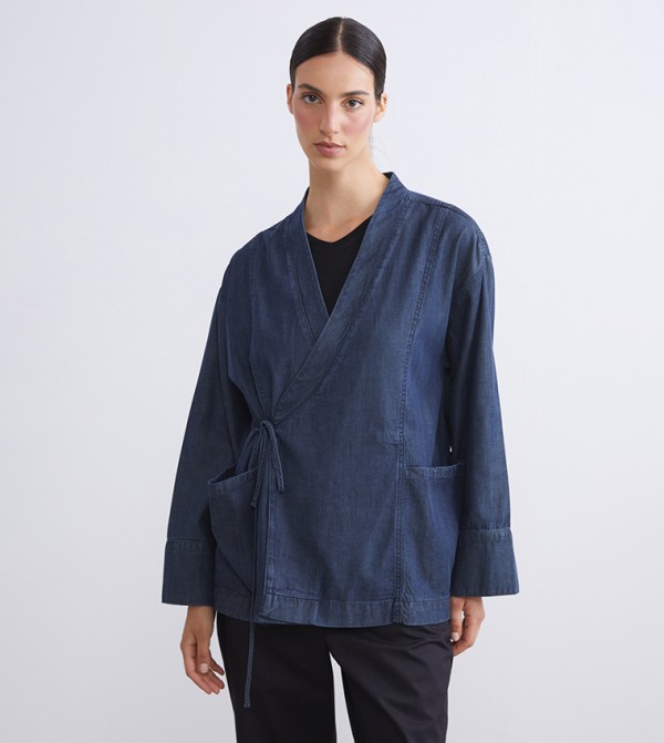 Pocket Detail V-Neck Wrap Denim Jacket