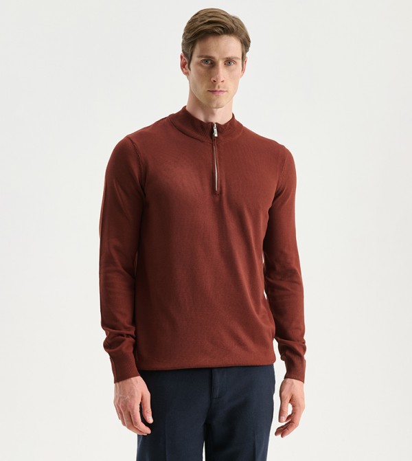 SOUTHBLUE Solid Zipper Neck Knitted Sweater