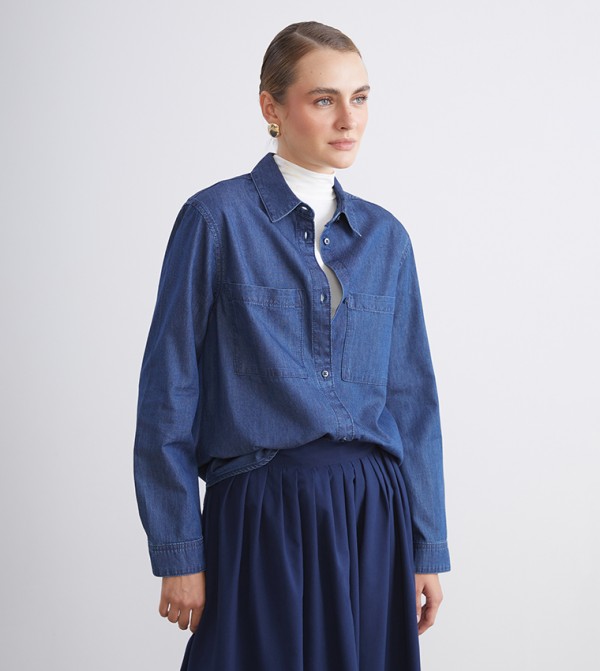 Solid Loose Fit Denim Shirt Tunic
