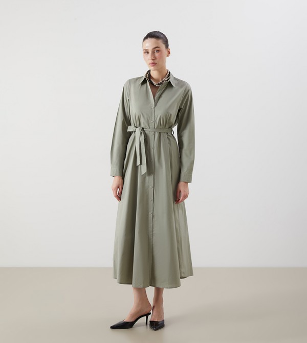 Waistband Poplin Midi Shirt Dress