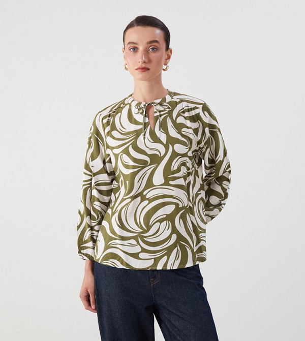 Patterned Tie Neck Long Sleeves Top