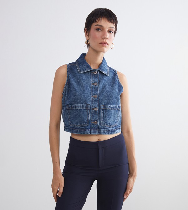Washed Sleeveless Crop Denim Top