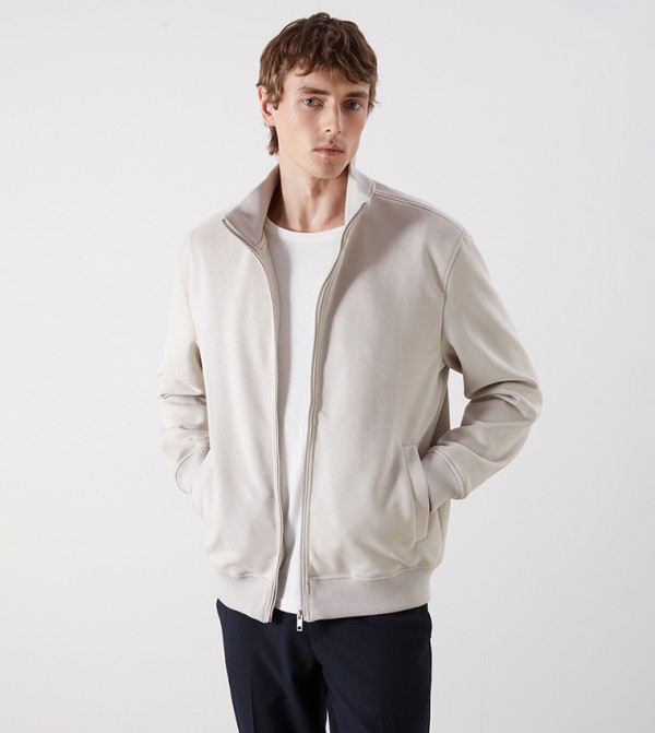 Zippered High Neck Suede Jacket