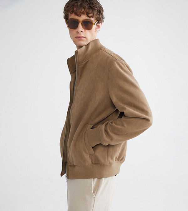 Zippered High Neck Suede Jacket