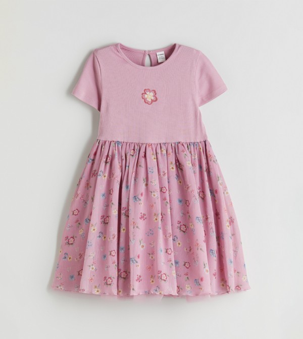 Embroidery Detail Printed Pleated Dress