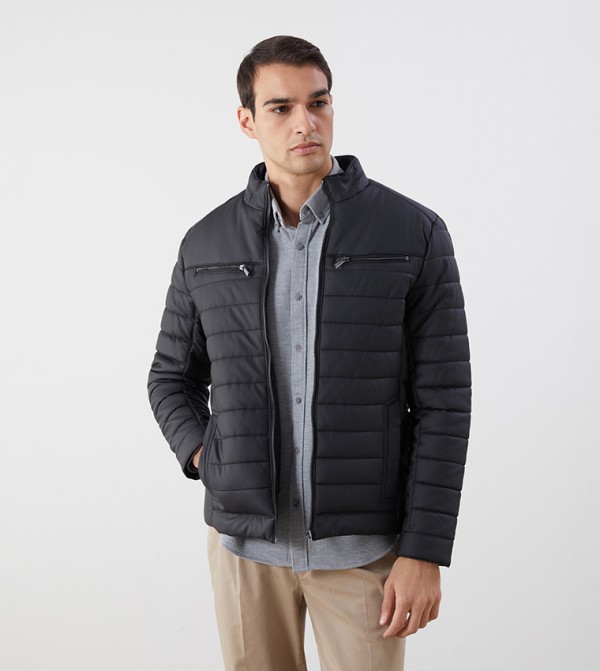 Slim Fit High Neck Faux Leather Puffer Jacket