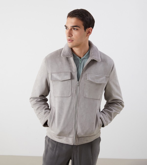 Pocket Detail Collared Suede Coat