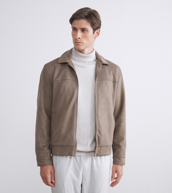 Zippered Long Sleeves Suede Jacket