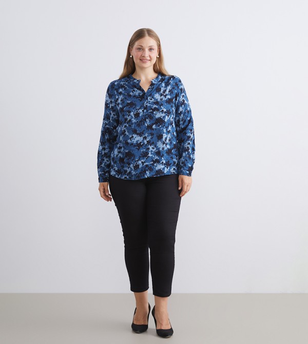 Patterned V-Neck Long Sleeves Top