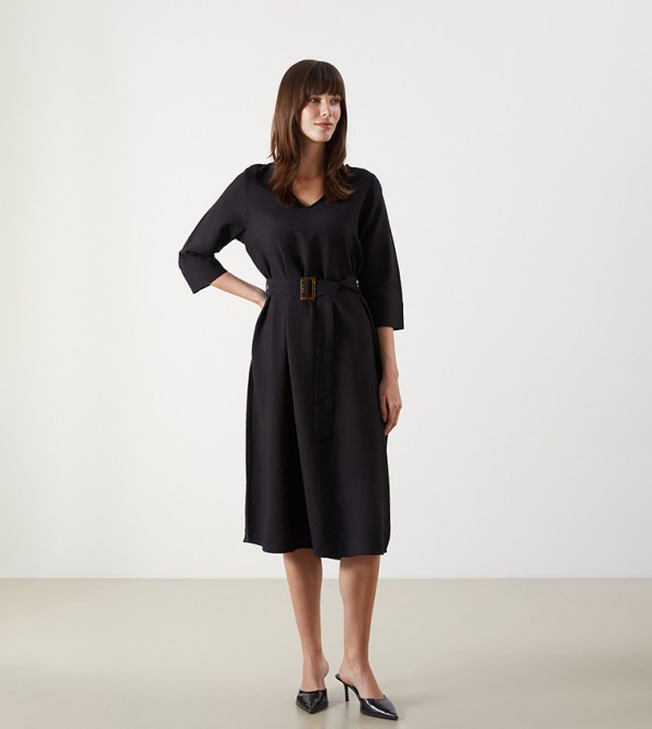 Solid Belted 3/4 Sleeves Midi Dress
