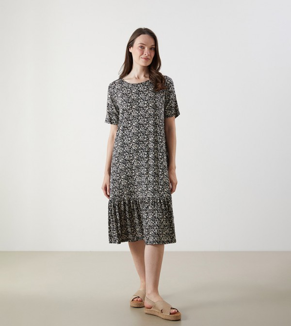 Floral Print Crew Neck A-Line Midi Dress