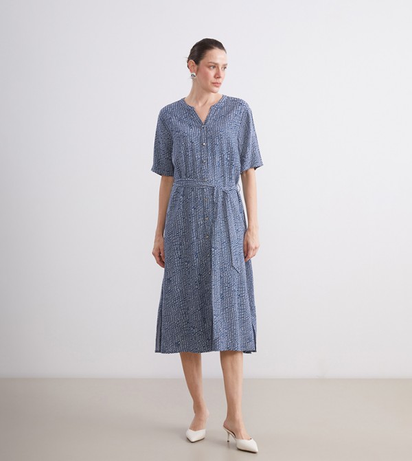 Patterned Split Neck Midi Dress