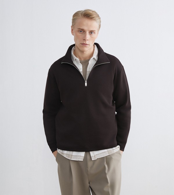 Zippered Funnel Neck Thick Sweatshirt