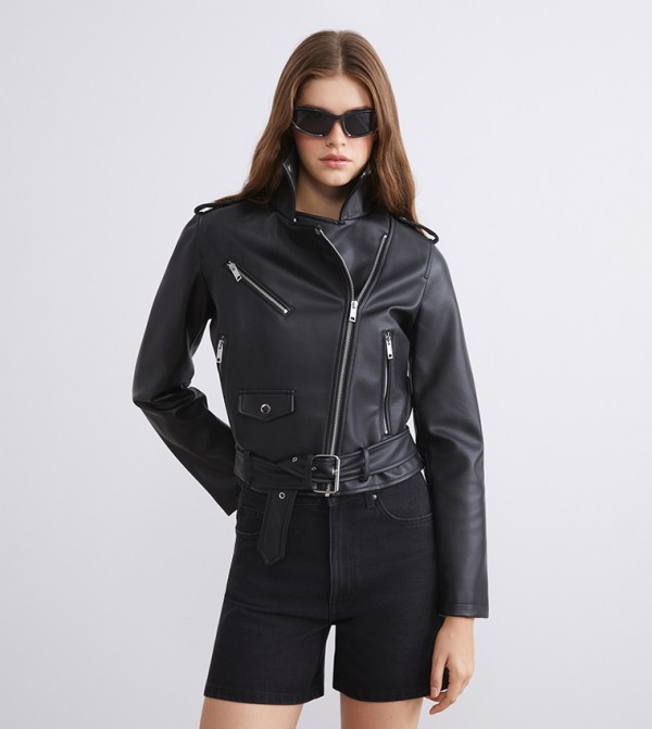 Textured Faux Leather Biker Jacket