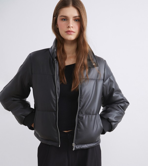 Faux Leather Cropped Jacket