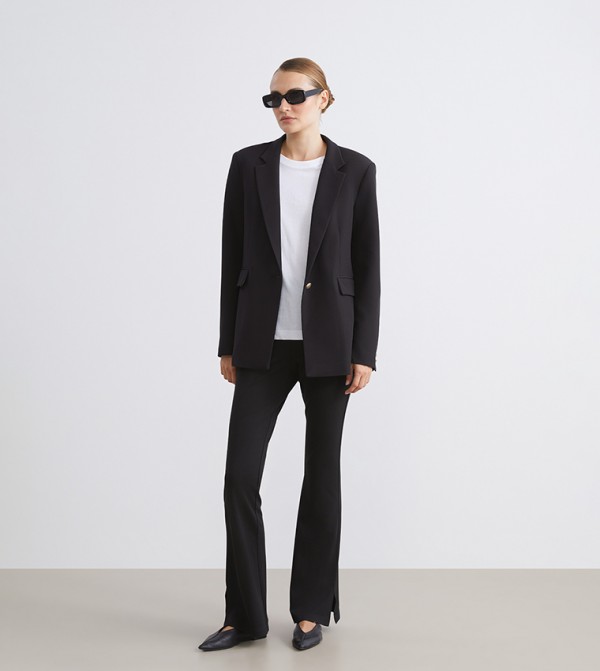 Solid Elastic Waist Woven Flared Trousers