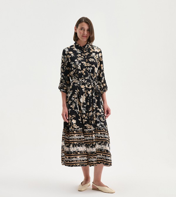 Patterned 3/4 Sleeves Shirt Dress