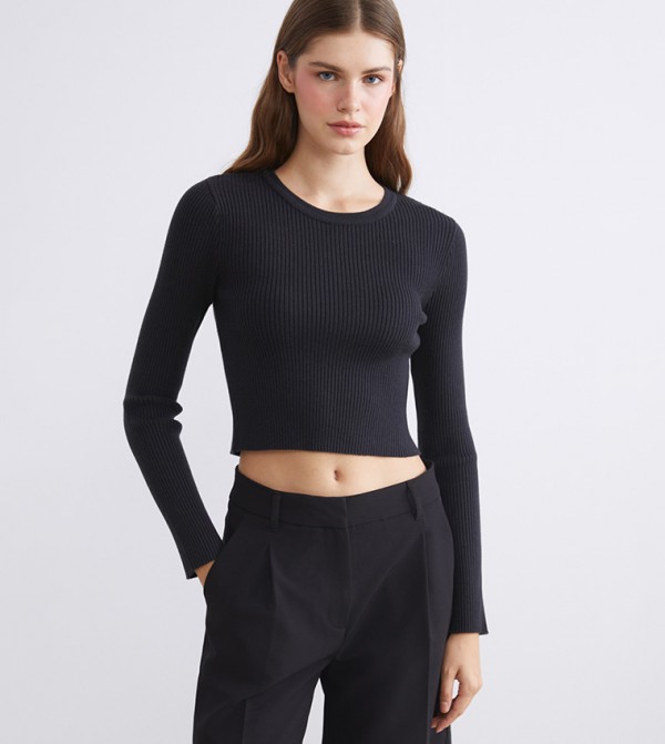 Ribbed Crew Neck Crop Sweater