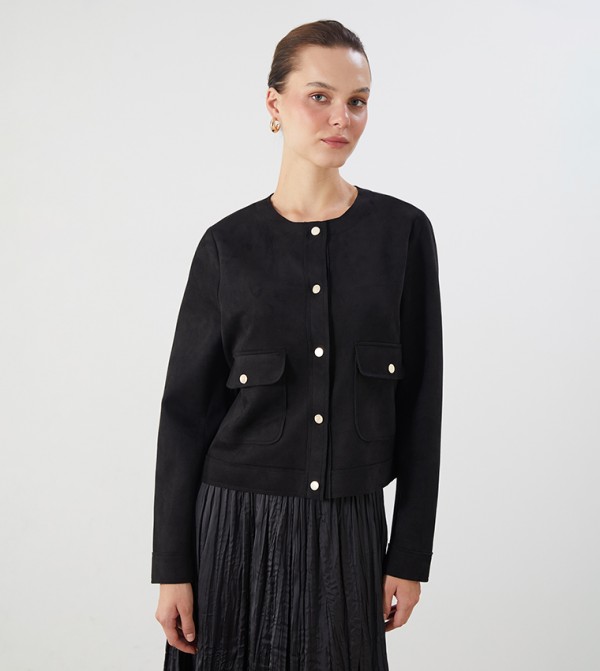 Solid Crew Neck Front Pocket Jacket