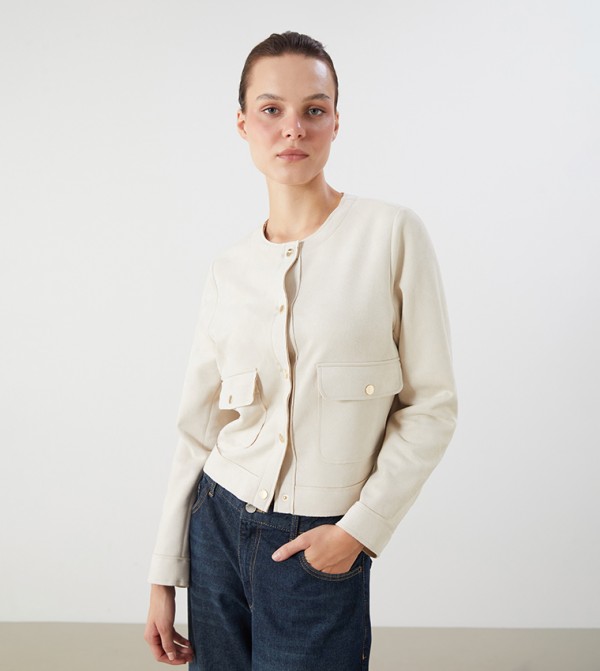 Solid Crew Neck Front Pocket Jacket