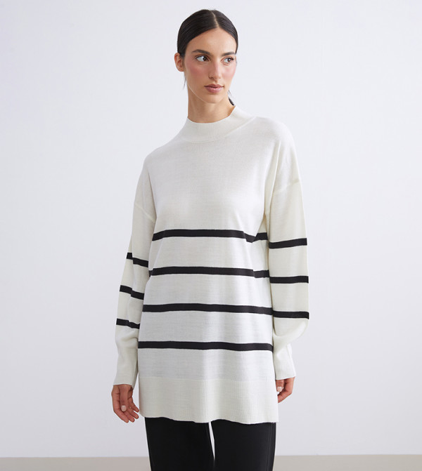 Striped Mock Neck Tunic Sweater