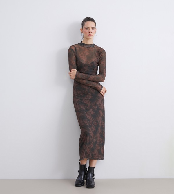 Patterned Mock Neck Midi Dress