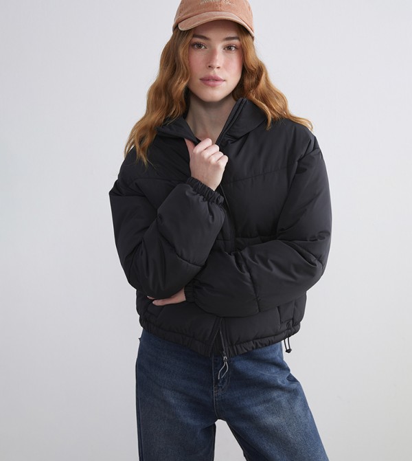 Textured High Neck Woven Puffer Jacket