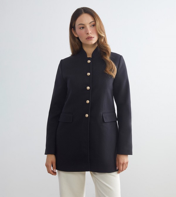 Solid High Neck Woven Coat