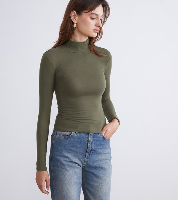 Ribbed Mock Neck T-Shirt