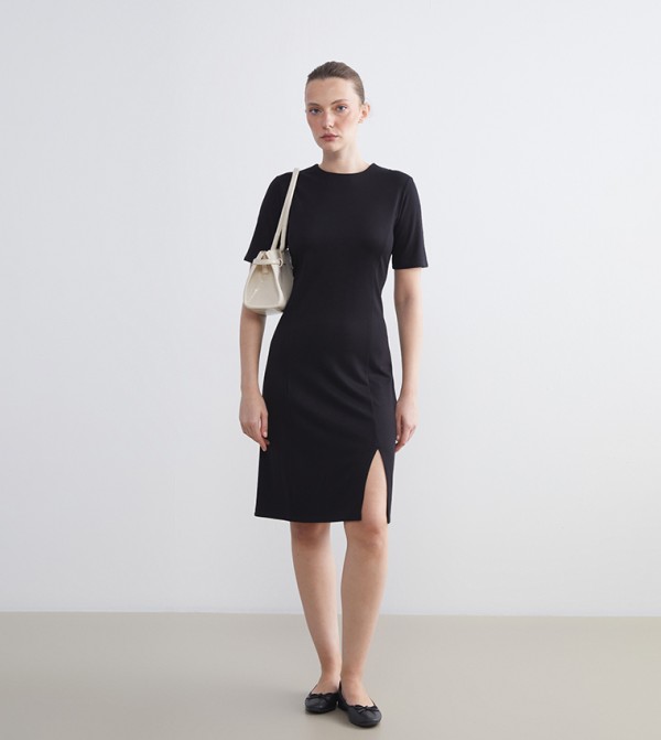 Solid Crew Neck Slit Mini Dress