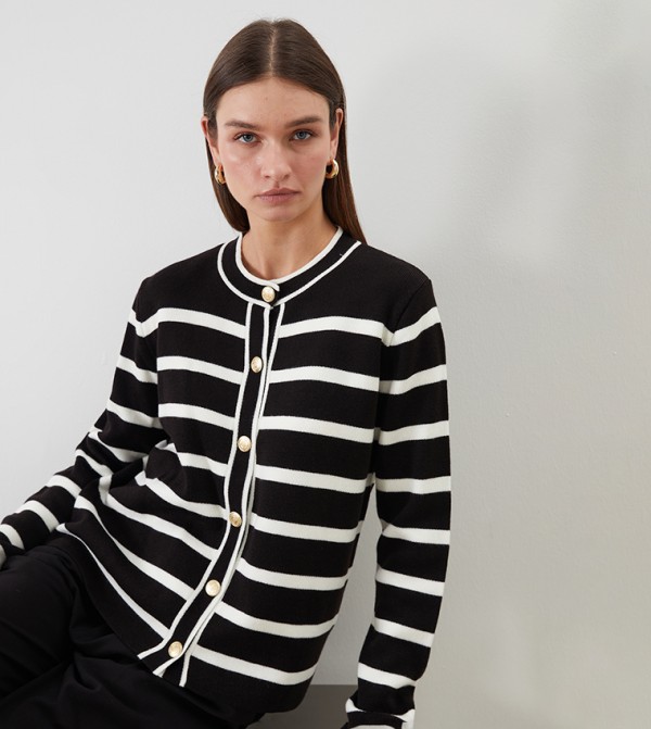 Striped Crew Neck Knit Cardigan