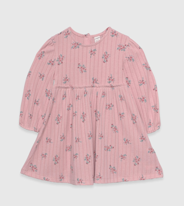 Floral Printed Crew Neck Long Sleeves Dress