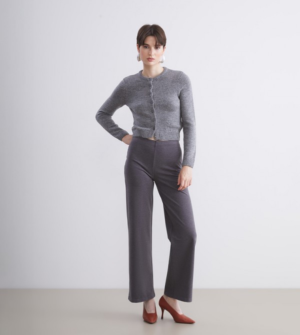 Solid Elastic Waist High Rise Jersey Trousers