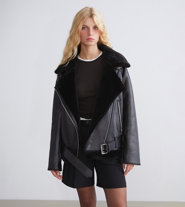 Fur Collar Faux Leather Jacket