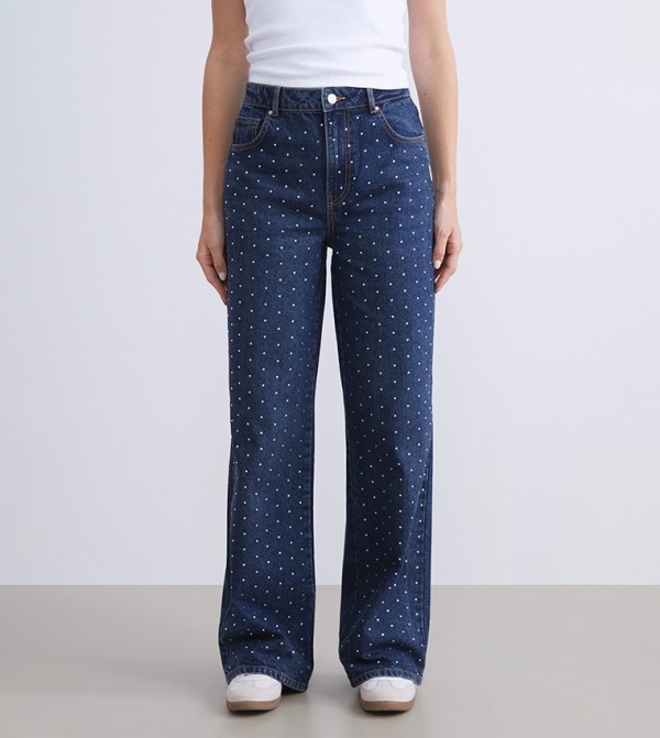 Rhinestone Embellished Wide Leg Jeans