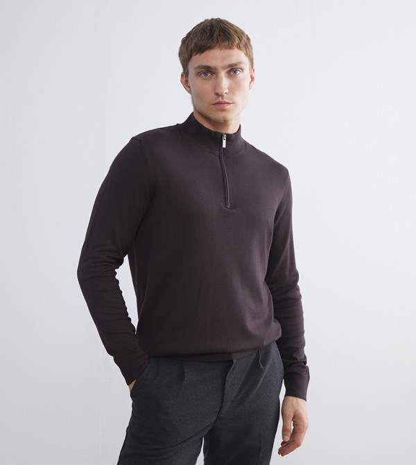 Solid Zipper Neck Knitted Sweater