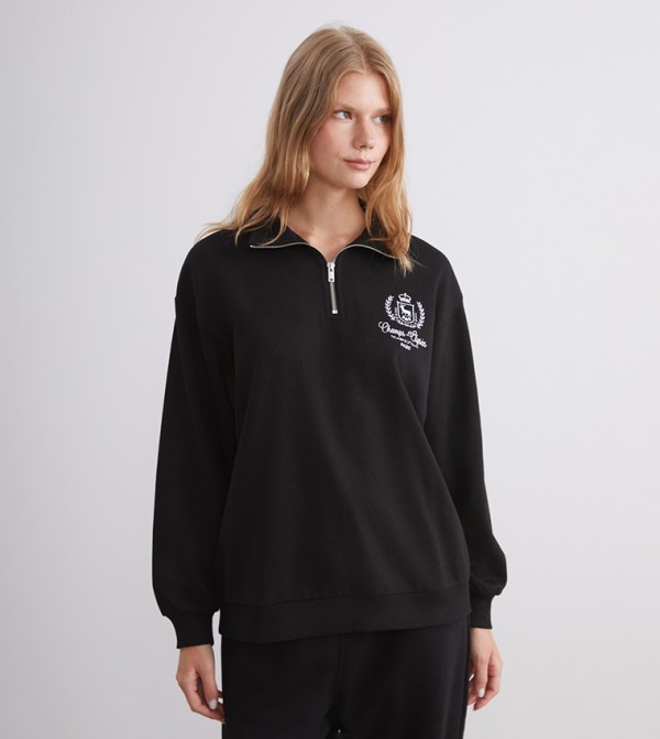 Embroidered Zipper Neck Sweatshirt