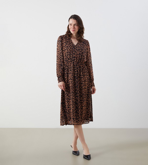 Leopard Print Long Sleeves Midi Dress