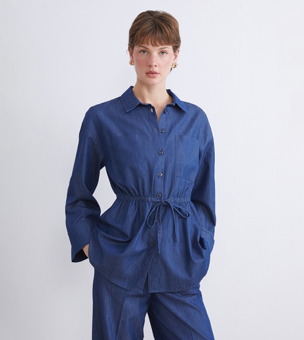 Washed Drawstring Waist Denim Shirt