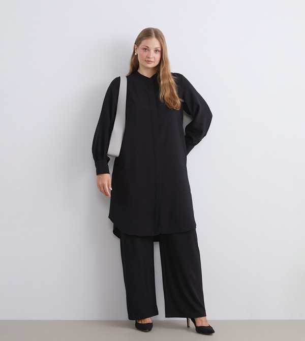 Solid Mandarin Collar Shirt Tunic