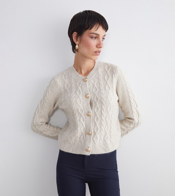 Cable Knit Crew Neck Tricot Cardigan