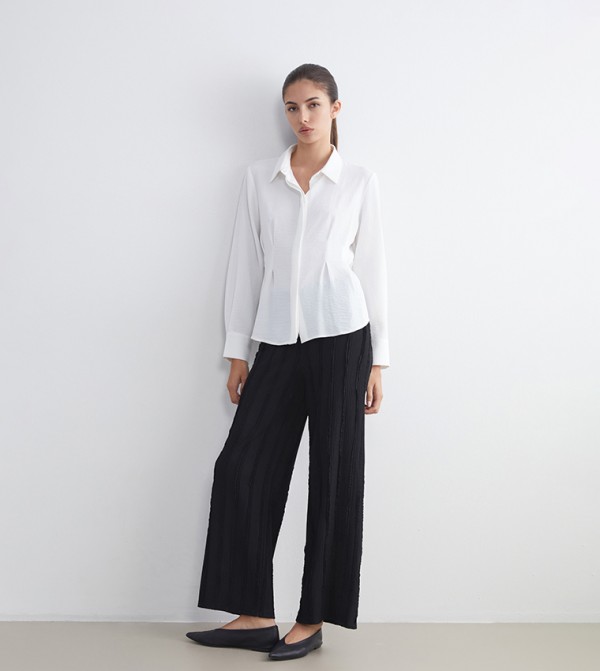 Textured Elastic Waist Wide Leg Trousers