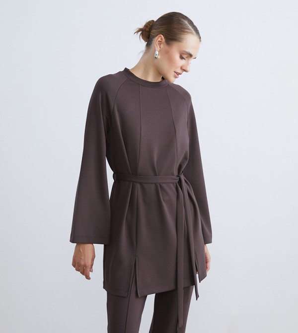 Solid Belted Crew Neck Tunic