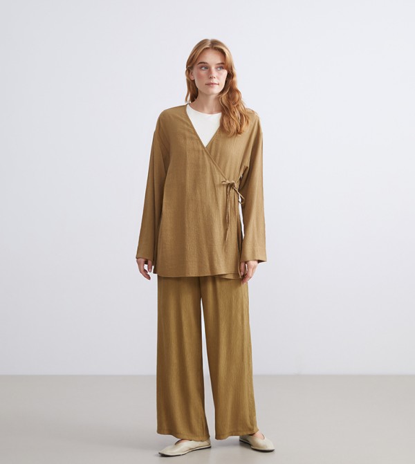 Textured Drawstring Waist Wide Leg Trousers