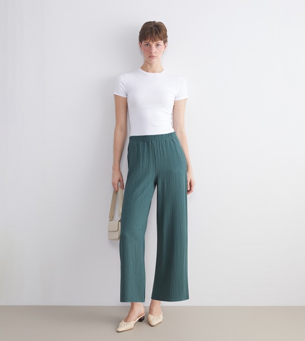 Textured Elastic Waist Wide Leg Trousers