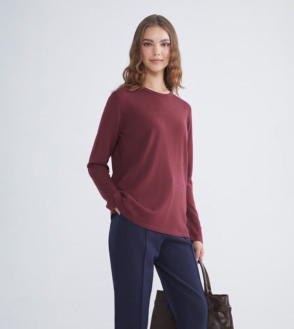 Self-Patterned Crew Neck Knit Top